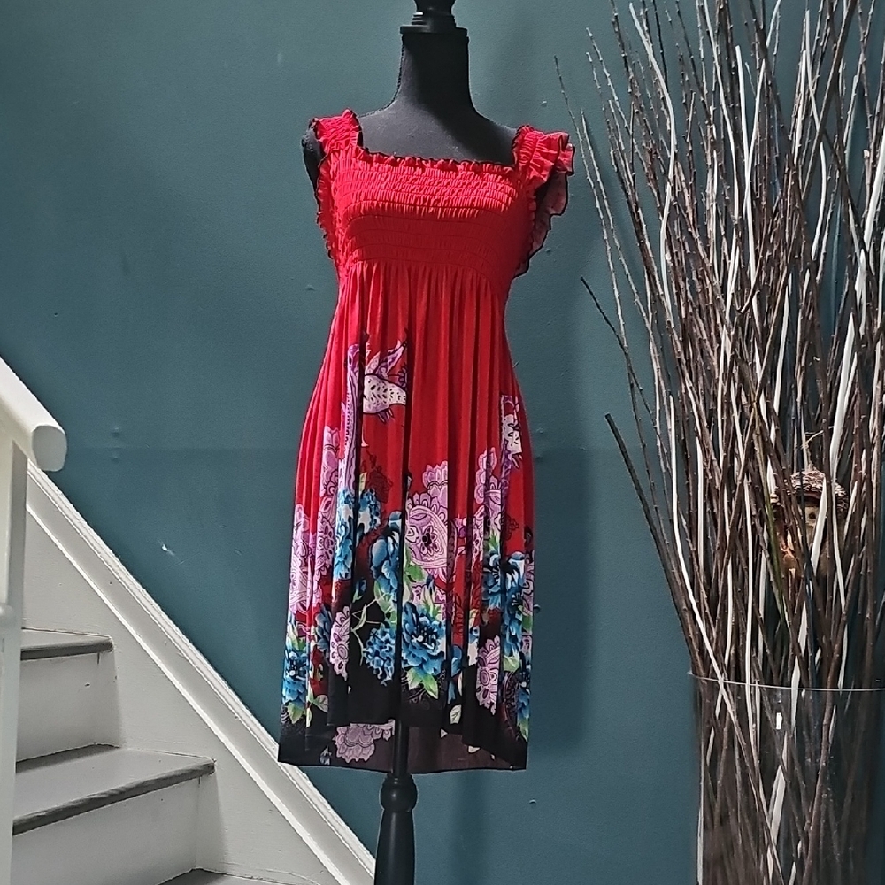 Red Floral Dress with Blue and Pink Details